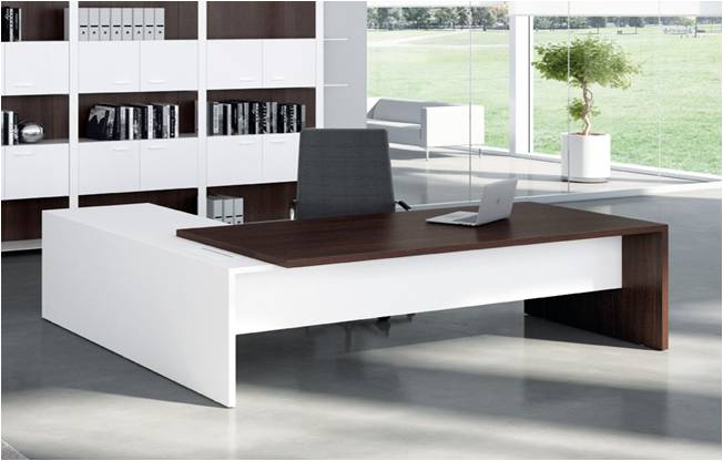 Spacious modern boss office cabin design with minimalist executive desk and statement lighting